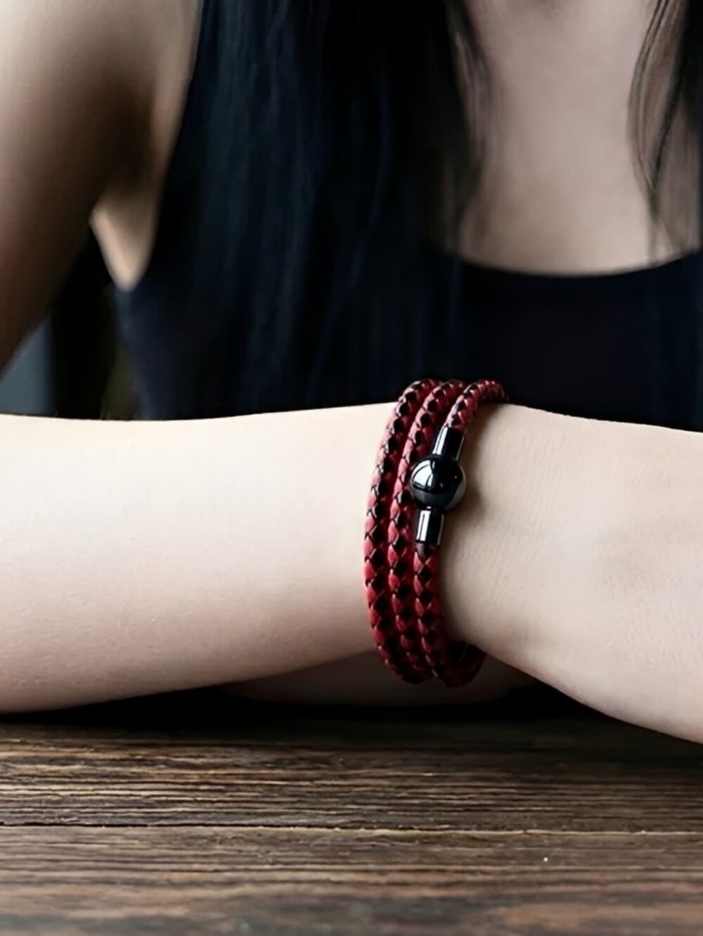 Linx Triple Wrap Red/Black Leather Braided Bracelet with Black Magnetic Clasp